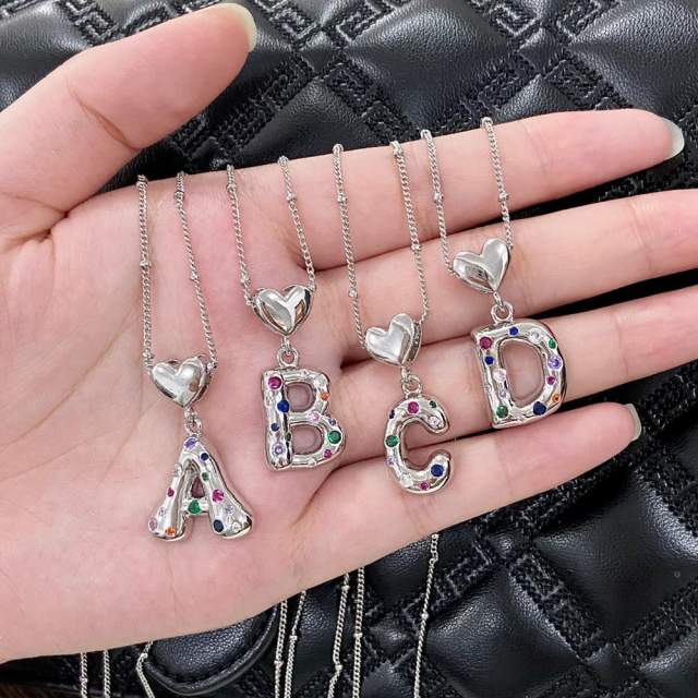 Delicate cubic zircon setting bubble letter initial letter pendant necklace