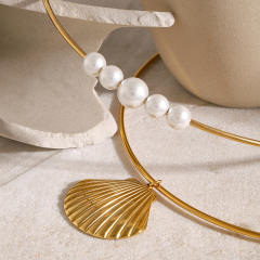 18KG ocean series pearl bead shell pendant stainless steel choker necklace