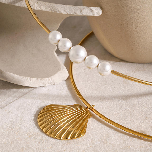 18KG ocean series pearl bead shell pendant stainless steel choker necklace