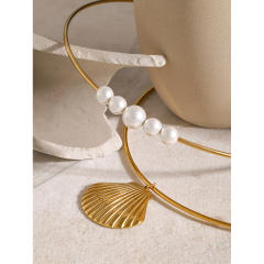 18KG ocean series pearl bead shell pendant stainless steel choker necklace