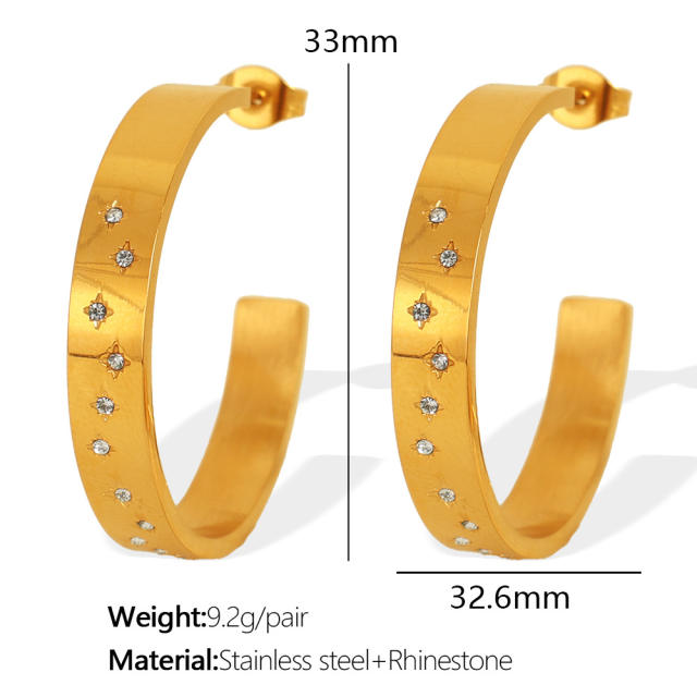 Concise easy match rhinestone setting stainless steel big hoop earrings finger rings
