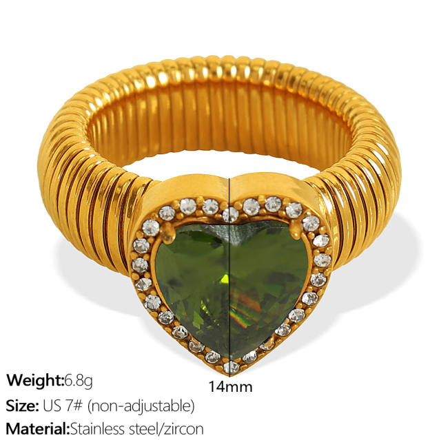 Chunky colorful cubic zircon heart diamond stainless steel finger rings