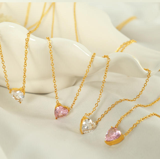 Concise white pink heart cubic zircon stainless steel necklace set