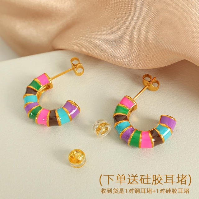 Summer colorful enamel stainless steel bamboo earrings
