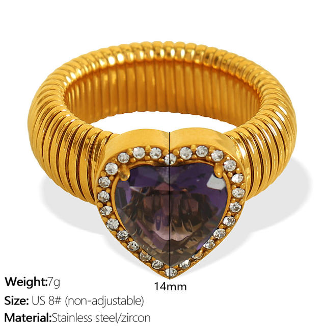 Chunky colorful cubic zircon heart diamond stainless steel finger rings
