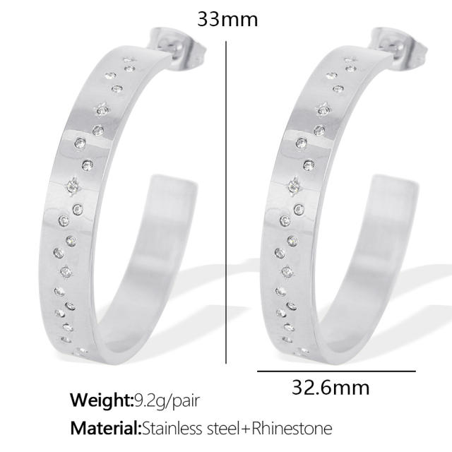 Concise easy match rhinestone setting stainless steel big hoop earrings finger rings