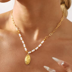 Concise faux pearl bead cross pendant boho necklace