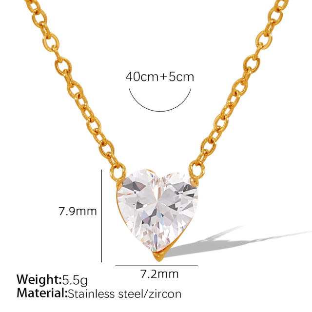 Concise white pink heart cubic zircon stainless steel necklace set
