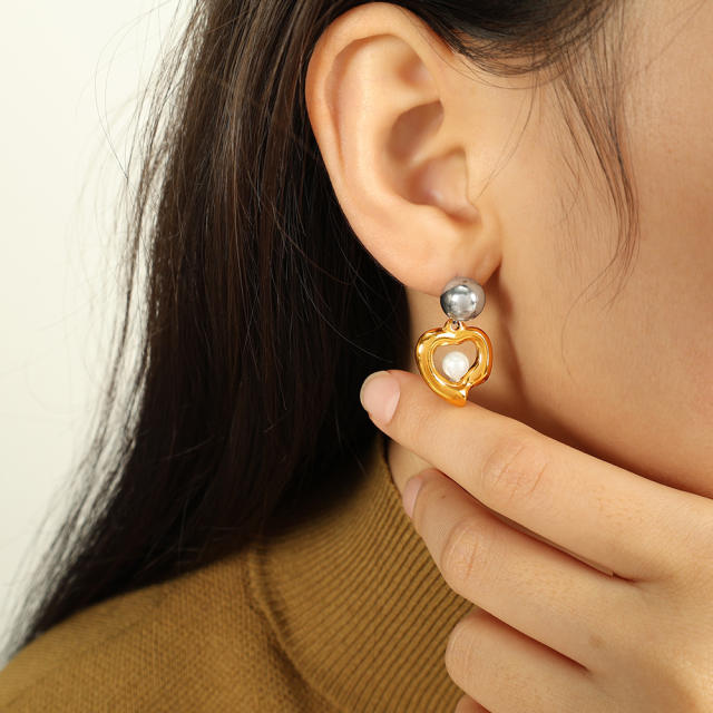 Personality mix color pearl bead heart stainless steel earrings