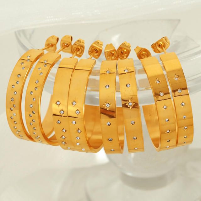 Concise easy match rhinestone setting stainless steel big hoop earrings finger rings