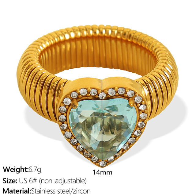 Chunky colorful cubic zircon heart diamond stainless steel finger rings