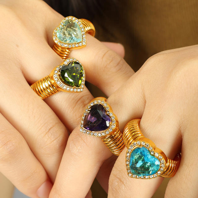 Chunky colorful cubic zircon heart diamond stainless steel finger rings