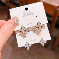 925 needle elegant diamond clover square studs earrings
