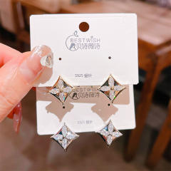 925 needle elegant diamond clover square studs earrings