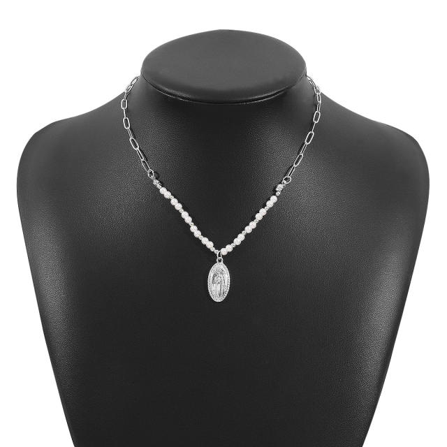 Concise faux pearl bead cross pendant boho necklace