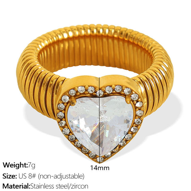 Chunky colorful cubic zircon heart diamond stainless steel finger rings