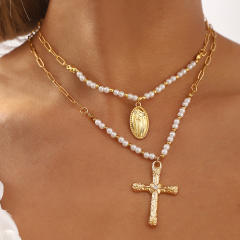 Concise faux pearl bead cross pendant boho necklace