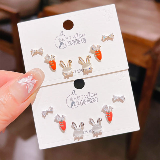 6pcs set sweet opal stone rabbit carrot design cute studs earrings set