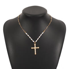 Concise faux pearl bead cross pendant boho necklace