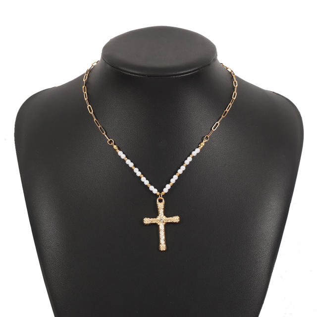 Concise faux pearl bead cross pendant boho necklace
