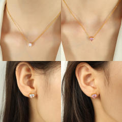 Concise white pink heart cubic zircon stainless steel necklace set