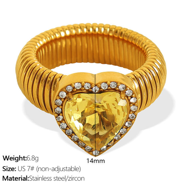 Chunky colorful cubic zircon heart diamond stainless steel finger rings