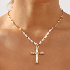 Concise faux pearl bead cross pendant boho necklace