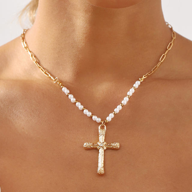Concise faux pearl bead cross pendant boho necklace
