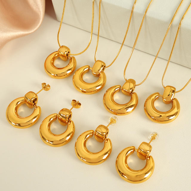 Elegant chunky donut stainless steel necklace earrings set