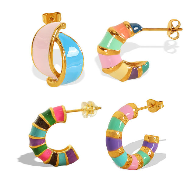 Summer colorful enamel stainless steel bamboo earrings