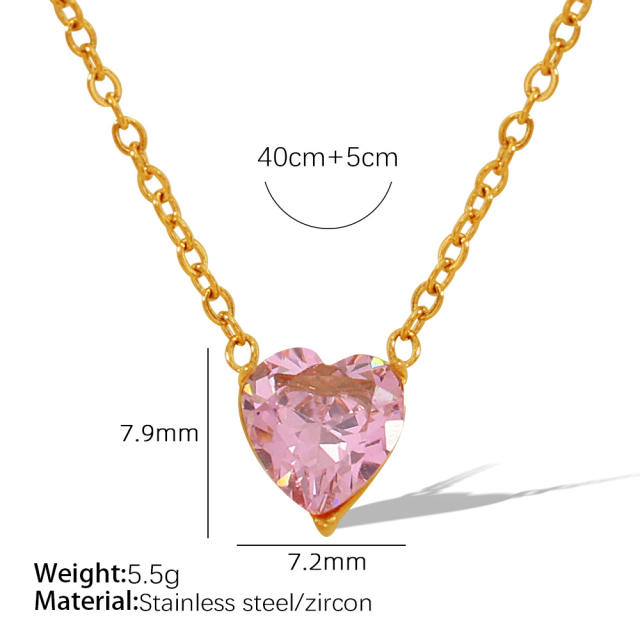 Concise white pink heart cubic zircon stainless steel necklace set