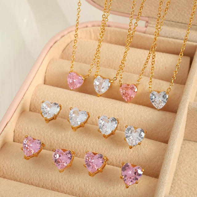 Concise white pink heart cubic zircon stainless steel necklace set