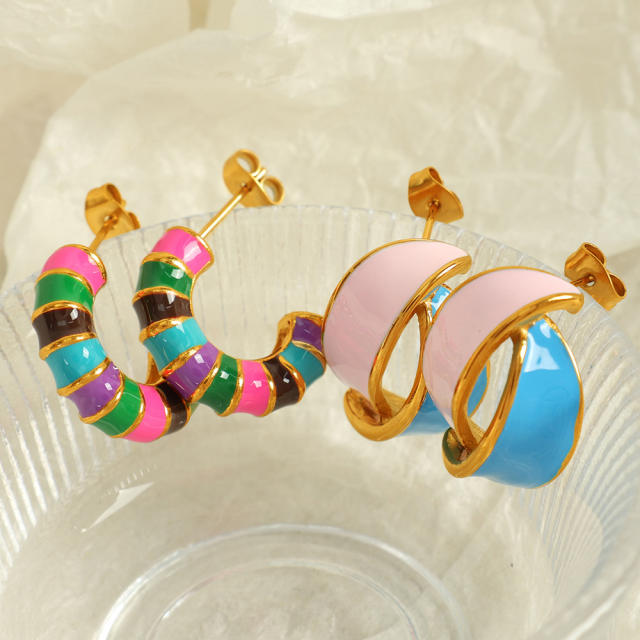 Summer colorful enamel stainless steel bamboo earrings