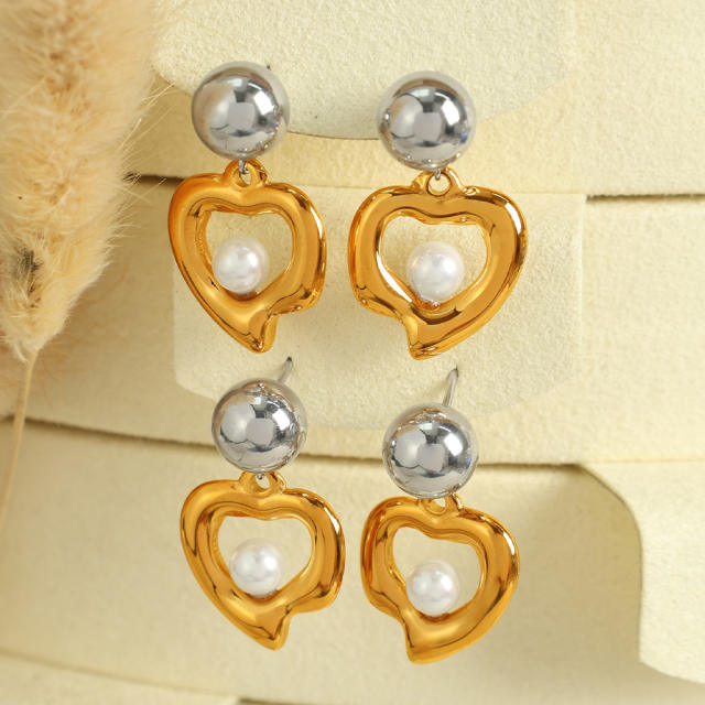 Personality mix color pearl bead heart stainless steel earrings