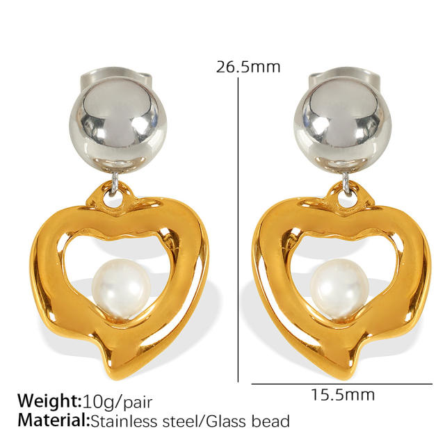 Personality mix color pearl bead heart stainless steel earrings