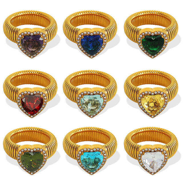 Chunky colorful cubic zircon heart diamond stainless steel finger rings