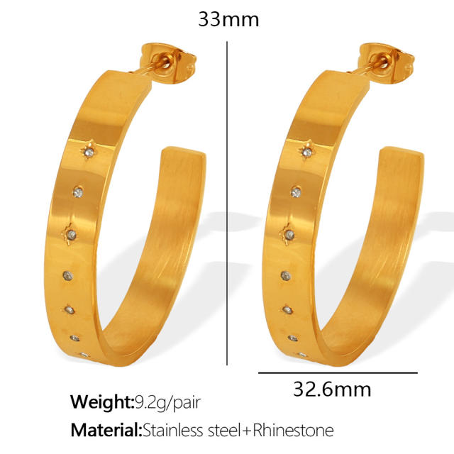 Concise easy match rhinestone setting stainless steel big hoop earrings finger rings