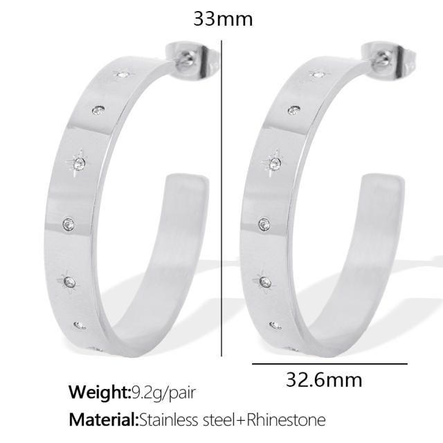 Concise easy match rhinestone setting stainless steel big hoop earrings finger rings