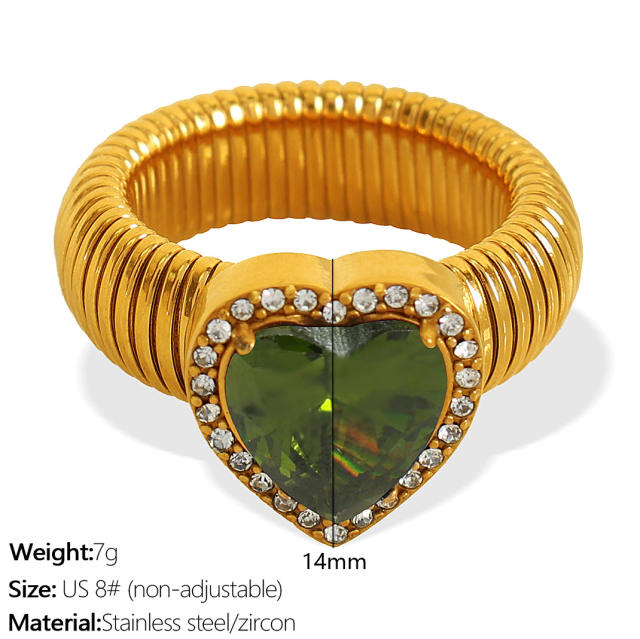 Chunky colorful cubic zircon heart diamond stainless steel finger rings