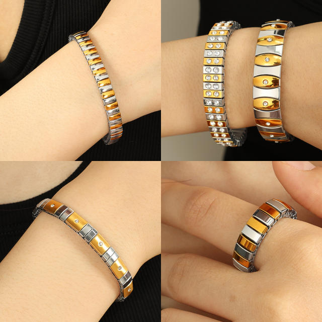Hot sale popular mix color diamond elastic bangle bracelet stainless steel bangle