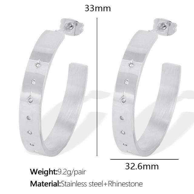 Concise easy match rhinestone setting stainless steel big hoop earrings finger rings