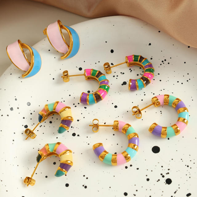Summer colorful enamel stainless steel bamboo earrings