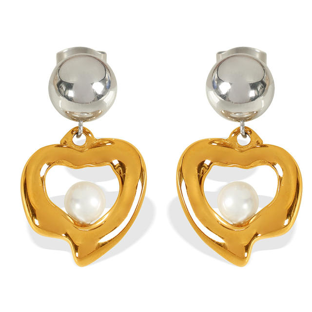 Personality mix color pearl bead heart stainless steel earrings