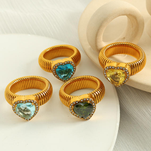 Chunky colorful cubic zircon heart diamond stainless steel finger rings