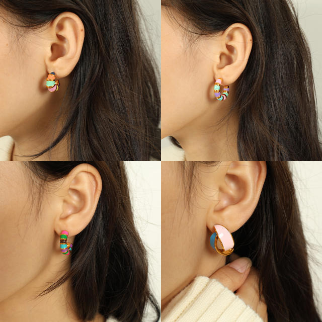 Summer colorful enamel stainless steel bamboo earrings