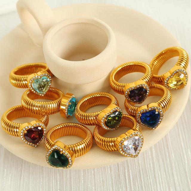 Chunky colorful cubic zircon heart diamond stainless steel finger rings
