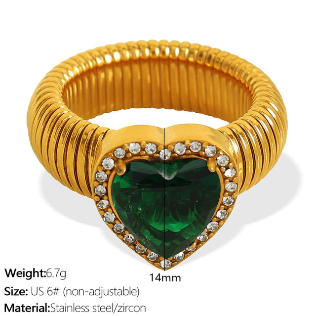 Chunky colorful cubic zircon heart diamond stainless steel finger rings