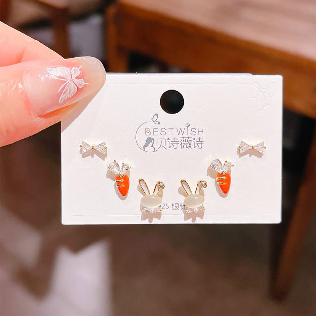 6pcs set sweet opal stone rabbit carrot design cute studs earrings set