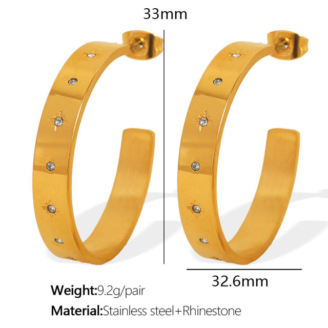Concise easy match rhinestone setting stainless steel big hoop earrings finger rings