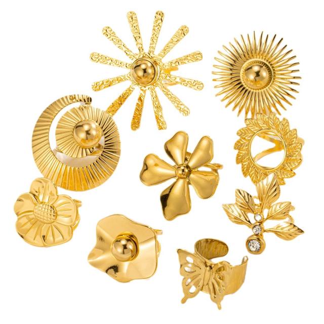 Boho chunky flower large size stainless steel finger rings collection